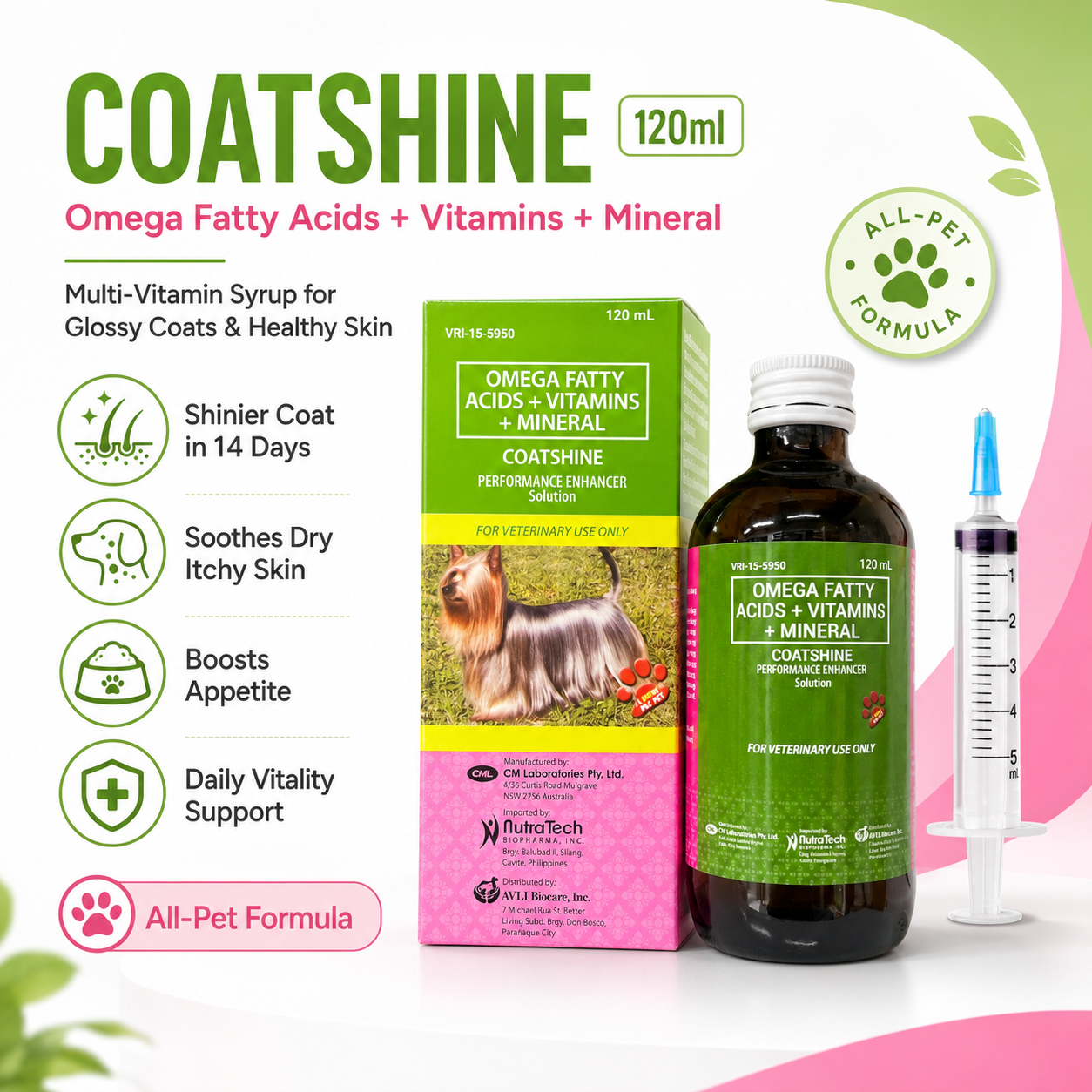 Coatshine 120mL Multi Vitamin Syrup Coat Skin for Dog Cat Omega Fatty Acids + Vitamins + Minertal