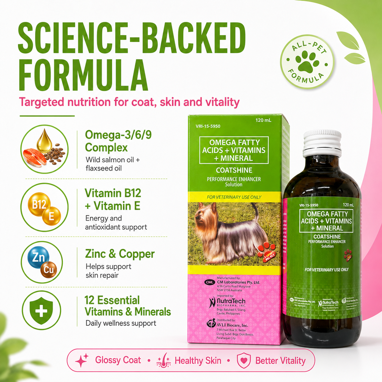 Coatshine 120mL Multi Vitamin Syrup Coat Skin for Dog Cat Omega Fatty Acids + Vitamins + Minertal