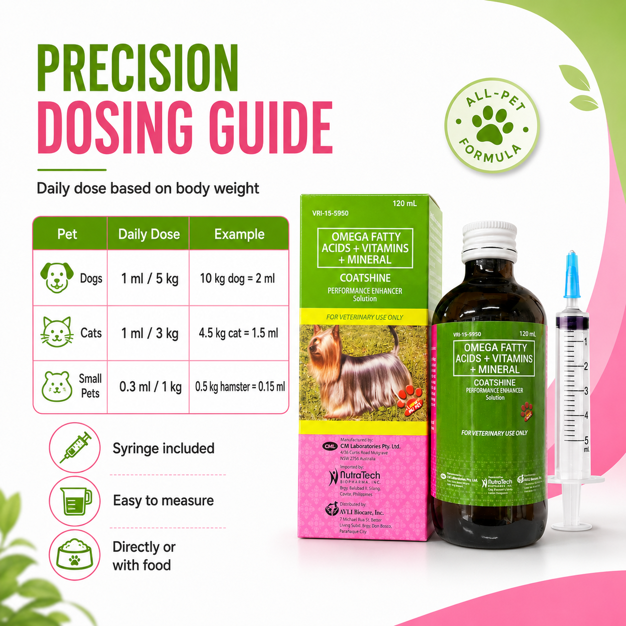 Coatshine 120mL Multi Vitamin Syrup Coat Skin for Dog Cat Omega Fatty Acids + Vitamins + Minertal