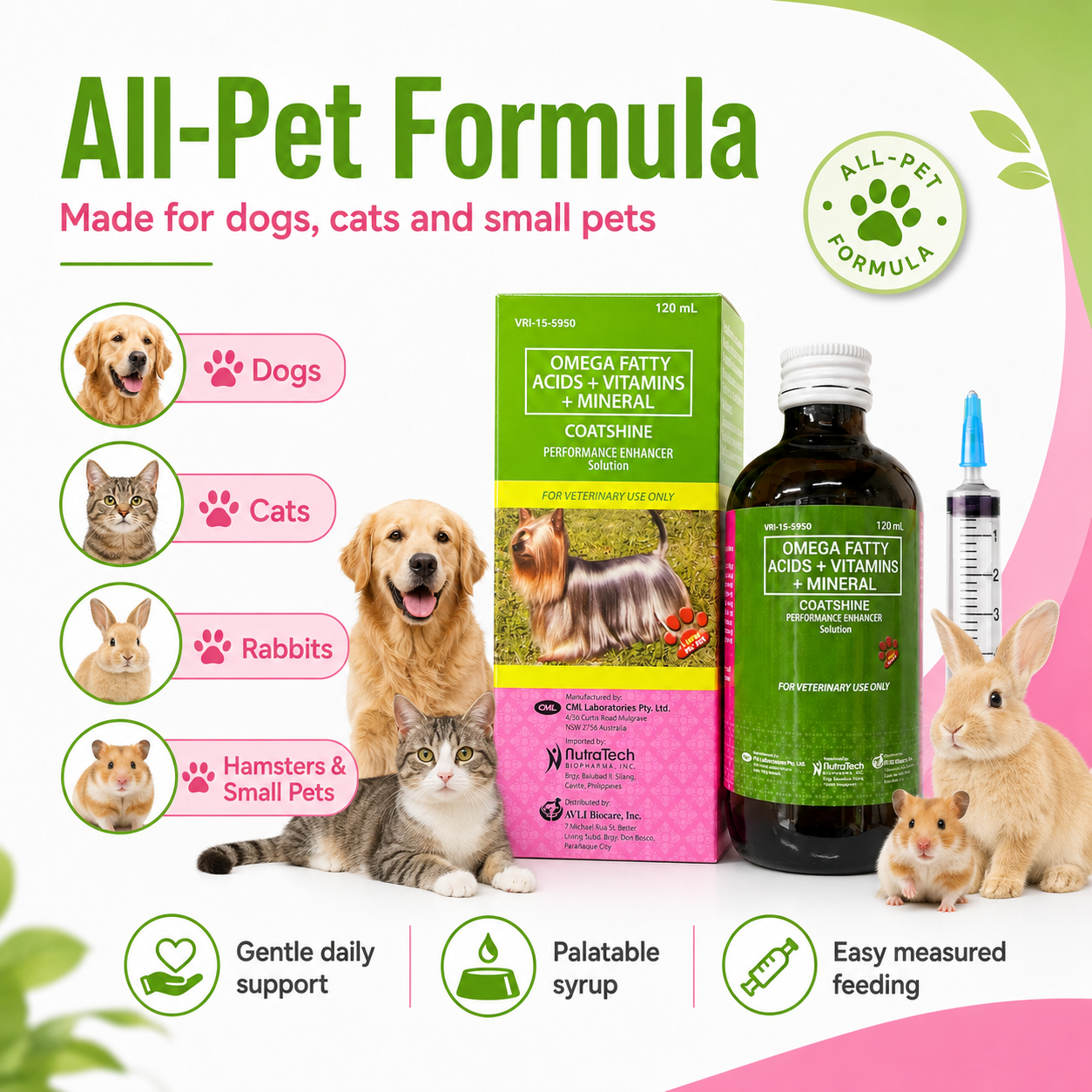 Coatshine 120mL Multi Vitamin Syrup Coat Skin for Dog Cat Omega Fatty Acids + Vitamins + Minertal