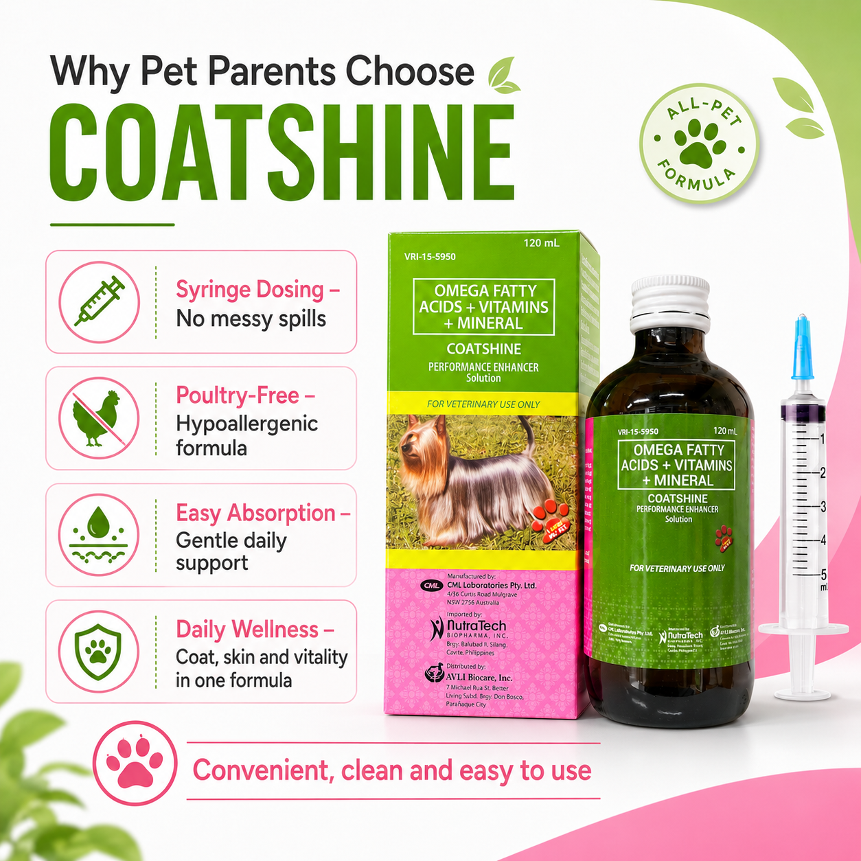 Coatshine 120mL Multi Vitamin Syrup Coat Skin for Dog Cat Omega Fatty Acids + Vitamins + Minertal