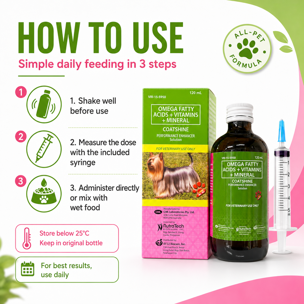 Coatshine 120mL Multi Vitamin Syrup Coat Skin for Dog Cat Omega Fatty Acids + Vitamins + Minertal